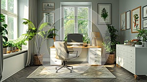 scandinavian home office, scandinavian home office features a white desk, modern lamp, and green plants, fostering a photo