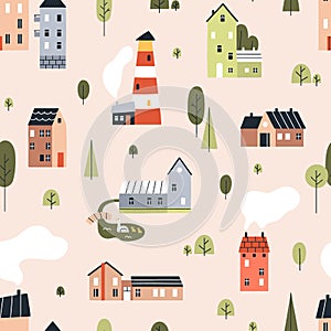 Scandinavian houses pattern. Seamless background with cute homes, city and town buildings, lighthouse, trees. Nordic
