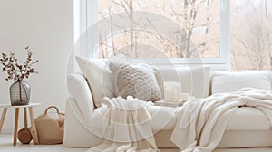Scandinavian, hygge home interior design of modern living room. Cozy white sofa with pillows and blanket against window