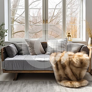 Scandinavian, hygge home interior design of modern living room. Grey sofa with different pillows and daybed