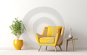 Scandinavian indoor design. Warm toned living room interior wall mockup with a yellow armchair and a background of a white wall,