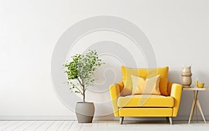 Scandinavian indoor design. Warm toned living room interior wall mockup with a yellow armchair and a background of a white wall,