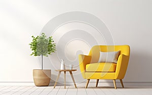 Scandinavian indoor design. Warm toned living room interior wall mockup with a yellow armchair and a background of a white wall,