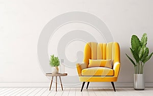 Scandinavian indoor design. Warm toned living room interior wall mockup with a yellow armchair and a background of a white wall,