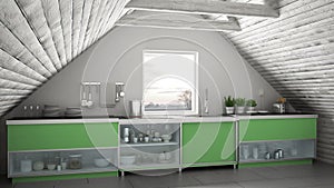 Scandinavian industrial kitchen, loft mezzanine, roof architecture white and green interior design
