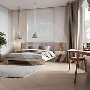 A Scandinavian-inspired bedroom featuring light wood furniture, neutral tones, and minimalist decor2