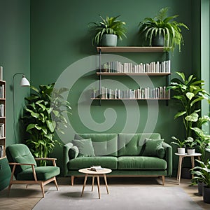 Scandinavian-Inspired Green Living Room Interior Design, Generative AI