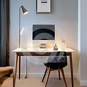 A Scandinavian-inspired home office with a clean white desk, natural wood accents, and minimalist decor2