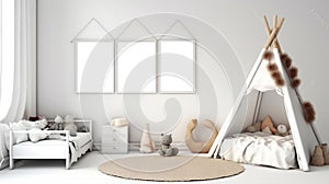 Scandinavian-inspired Mock-up Frame Enhancing a Cozy White Children\'s Room. Generative AI