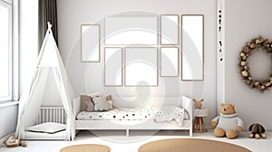 Scandinavian-inspired Mock-up Frame Enhancing a Cozy White Children\'s Room. Generative AI