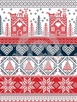 Scandinavian, inspired by Norwegian Christmas and festive winter seamless pattern in cross stitch with gingerbread house