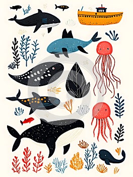 Scandinavianinspired print featuring animals in bold geometric shapes and rich colors like reds greens blues yellows pinks photo
