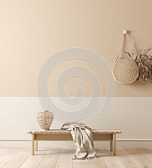 Scandinavian interior with bench, lamp and wicker handbag, wall mock up and minimal decor in room background