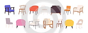 Scandinavian interior chairs and stool. Comfy chair for living room, cabinet, cartoon decor elements. Isolated armchair