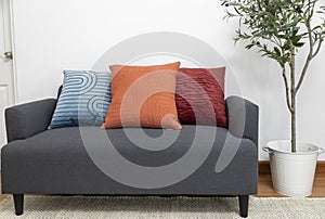 Scandinavian interior decoration of grey sofa with blue, red and orange pillow on it.