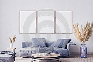 Póster marco imitar arriba en sala de estar azul sofá a césped 