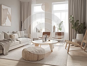 Scandinavian interior design living room with large window. Generative AI