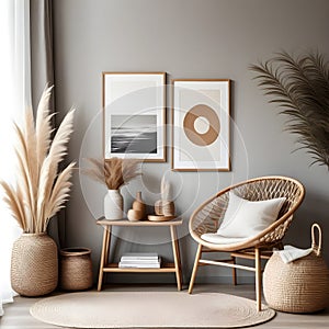 Scandinavian interior design of living-room with rattan console