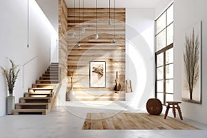 Scandinavian interior design of modern entrance hall with grid door, staircase and rustic wooden accent pieces. Created with