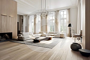 Scandinavian interior design of modern spacious living room. Cre