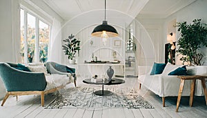 Scandinavian interior design of modern spacious living room. Cre