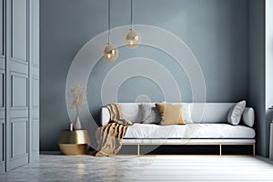 Scandinavian interior of living room concept, light gray sofa with gold lamp on white flooring and blue wall, 3d rendering. Genera