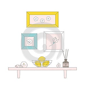 Scandinavian interior with paints, shelf, lemons basket, aromatic, sea shells vector illustration.