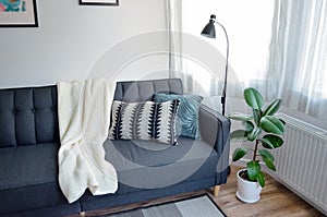 Scandinavian interior style modern studio small apartment in white and grey colors