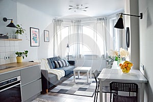 Scandinavian interior style modern studio small apartment in white and grey colors, furniture in living and kitchen area