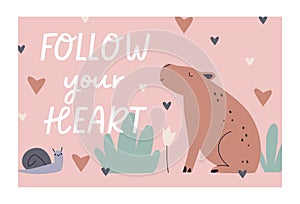 Scandinavian kids card design. Cute capybara, snail in nature, motivation postcard background in Scandi style. Adorable