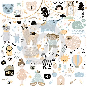 Scandinavian kids doodles elements pattern set color wild animal hand drawn bear lamma cat`s monkey, girl, turtle, lamb, house,