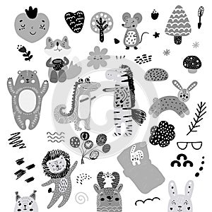 Scandinavian kids doodles elements pattern set of cute monochrome wild animal and characters: zebra, bear, deer, squirrel, cat,