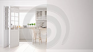 Scandinavian kitchen on a foreground wall, interior design architecture concept with copy space, blank background