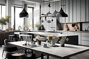 Scandinavian kitchen interior, wall mock up Generated Ai