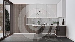 Scandinavian kitchen in white and dark wooden tones. Island with stools and decors, parquet floor. Japandi interior design