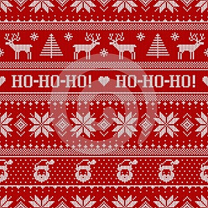 Scandinavian knitted seamless pattern with Santa Clauses and deers photo