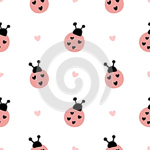 Scandinavian Ladybug and hearts vector seamless pattern wrapping paper or cute baby design. Ladybird decorative fabric