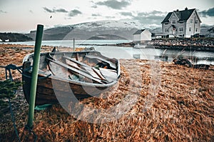 Scandinavian landscape, sever autumn nature, rough wetter, grey colors photo