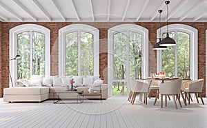Scandinavian living and dining room 3d render photo
