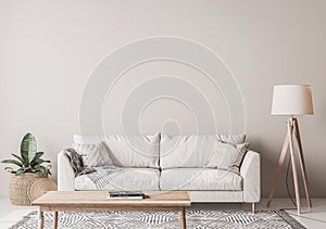 Scandinavian living room design with wooden table, floor lamp, wicker basket and white sofa on beige background