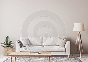 Escandinavo sala de estar diseno de madera mesa piso lámpara mimbre a blanco sofá sobre el 
