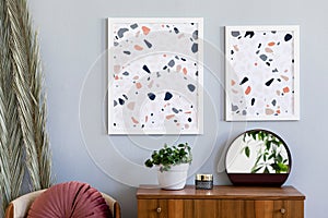 Scandinavian living room with gallery of terrazzo posters.