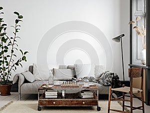 Scandinavian living room interior background, wall mockup