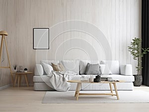 Scandinavian living room interior in beige colors with a sofa, table and empty wall. The concept of modern and cozy home design.