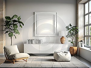 Scandinavian living room interior design with white walls, wooden furniture, plants and a large empty frame mockup
