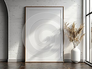 Scandinavian living room interior with a large blank picture frame, white walls and wooden floor