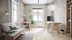 Scandinavian living room interior in light colors with a sofa, table, empty brick wall, home plants and a large bright window.