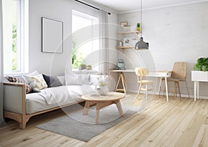 Scandinavian living room interior in light colors with a sofa, table, empty frame on the wall, home plants and a large bright