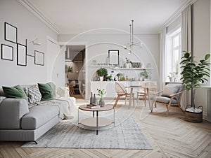 Scandinavian living room interior in light colors with a sofa, table, empty frames on the wall, home plants and a large bright