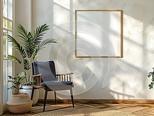 Scandinavian living room interior with wooden chair, plants and empty frame mockup